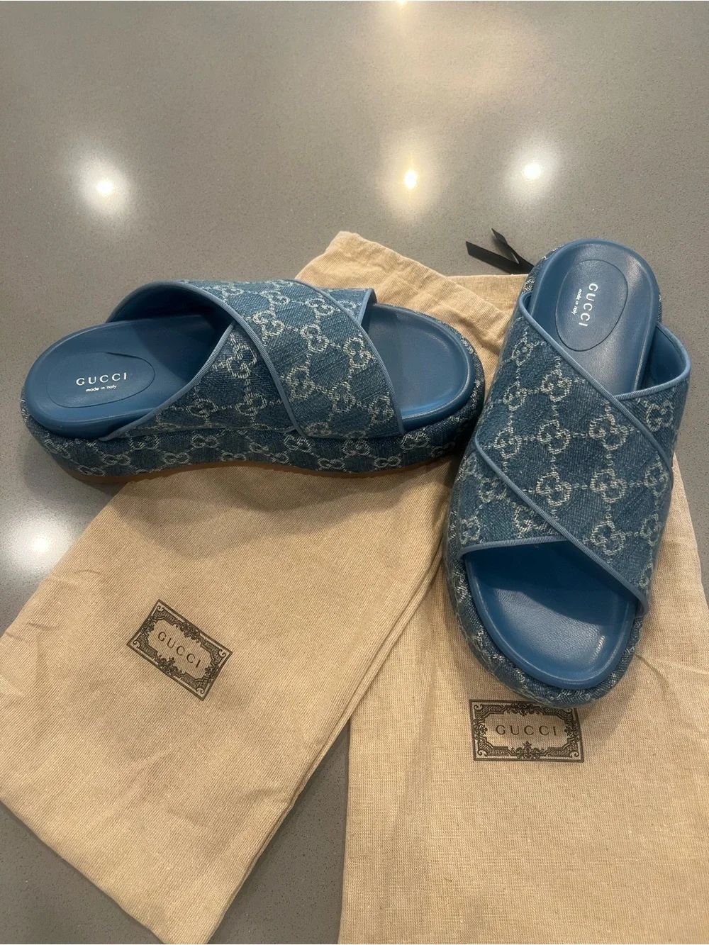 Gucci Blue GG Denim Crisscross Slide Sandals
